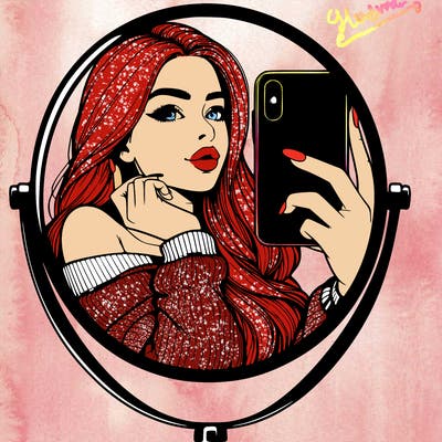 realistic girl taking mirror selfie beautiful