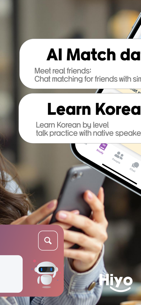 Hiyo: Korea,friends,world,talk - Interfaz de la aplicación Hiyo para conocer amigos a través de la coincidencia de IA y aprender coreano