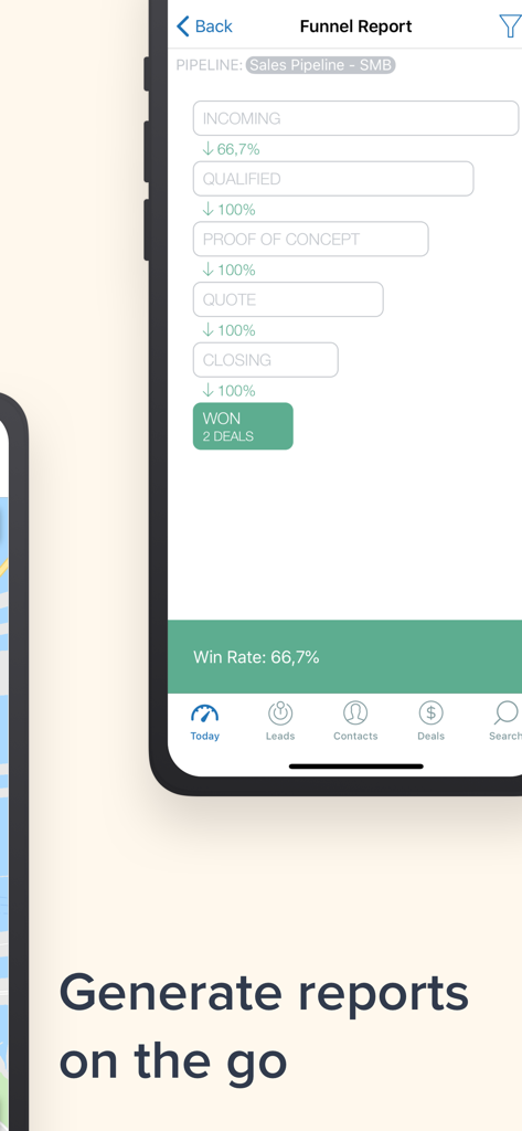 Zendesk Sell mobile app displaying a sales funnel report and win rate