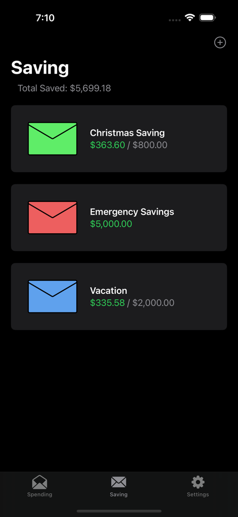 A mobile interface showing color-coded digital saving envelopes for Christmas, emergency savings, and vacation goals.