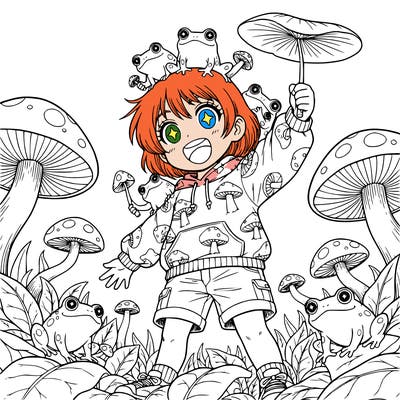 a girl with short hair and mushrooms and frogs lea