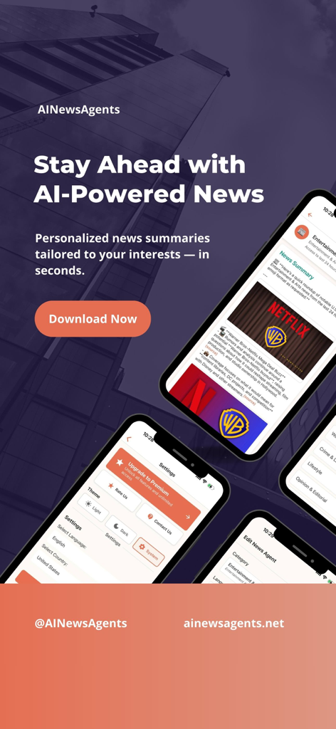 AI News Agents - Bannière marketing de l'application AI News Agents affichant des résumés d'actualités personnalisés et des fonctionnalités premium.