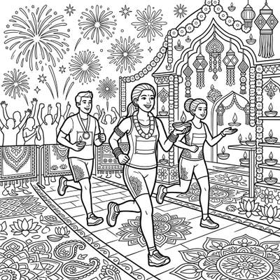 Experience the unique fusion of athleticism and festivity with our Marathon Runners x Diwali coloring page. This vibrant scene invites you to color runners amidst dazzling fireworks, glowing diyas, and beautiful rangoli.