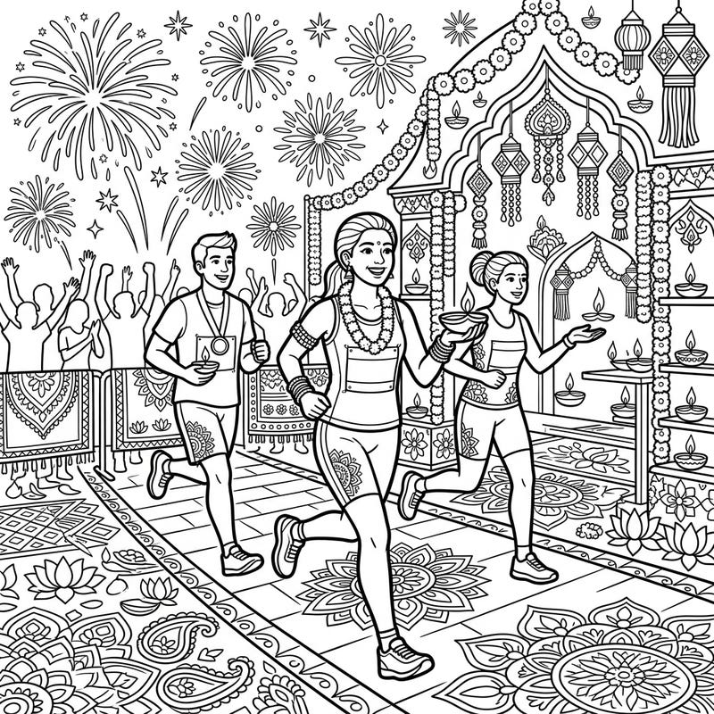 Experience the unique fusion of athleticism and festivity with our Marathon Runners x Diwali coloring page. This vibrant scene invites you to color runners amidst dazzling fireworks, glowing diyas, and beautiful rangoli.