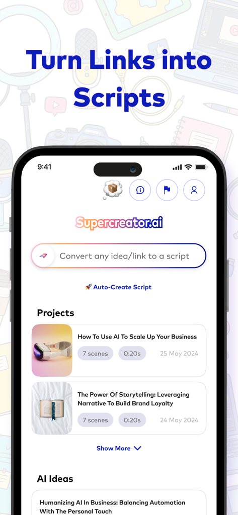 Interface of Supercreator.ai app showing the feature to turn links and ideas into video scripts with AI