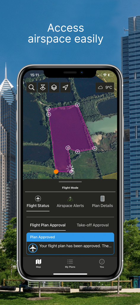 Drone Assist - Flight Planning - A smartphone showing the Drone Assist app interface with a purple-shaded flight area on a map and a notification that the flight plan has been approved.