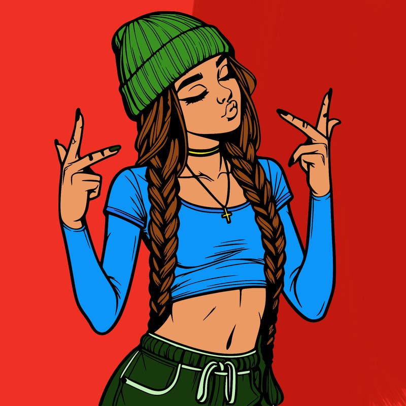 realistic teenage girl with braids and a beanie and crop top doing 🫶🏼