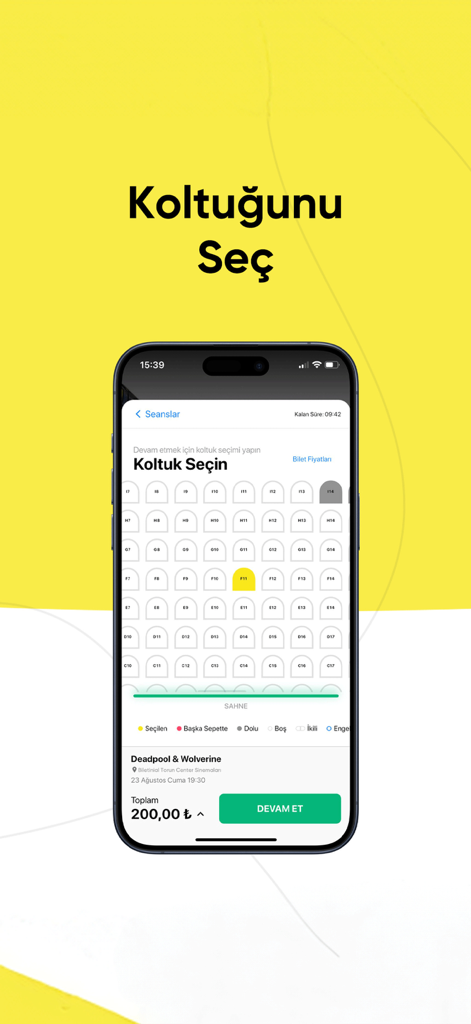 Un écran de téléphone mobile montrant le plan de sélection des sièges de l'application Biletinial pour un film au cinéma.