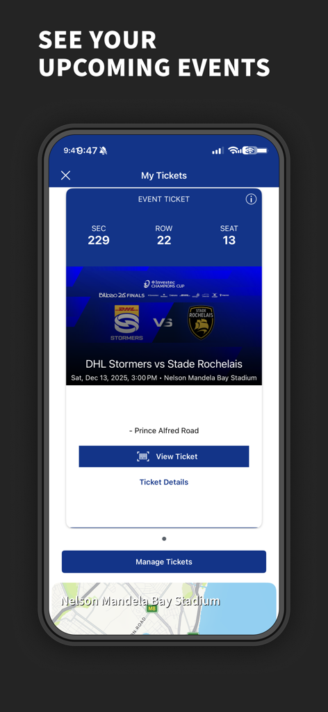 DHL Stormers - Pantalla de la aplicación móvil DHL Stormers que muestra una entrada digital de partido para Stormers contra Stade Rochelais con detalles de asiento y mapa del recinto.