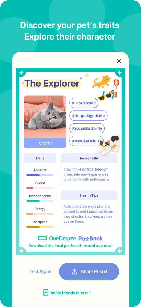 PawBook- Pet Diary - PawBook app pet personality test result for a cat named Mochi