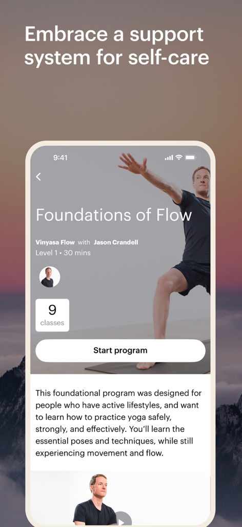 Glo | Yoga and Meditation App - Glo app screen showing the Foundations of Flow yoga program with instructor Jason Crandell