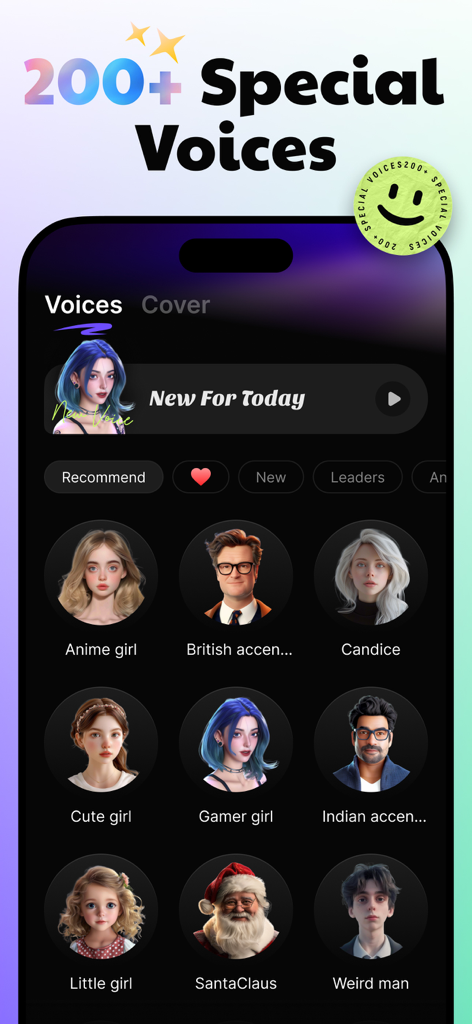 VoiceWave-Change Your Voice - A menu of AI voice filters including characters and accents in the VoiceWave app