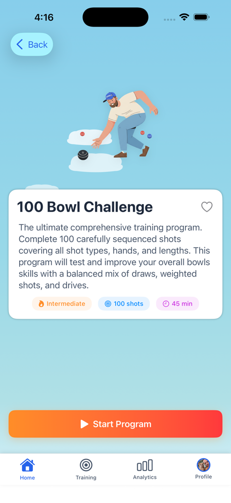 Torny - Captura de pantalla de la aplicación Torny que muestra el programa de entrenamiento Desafío de 100 Bolas para bolos sobre césped con una ilustración y detalles de la sesión.