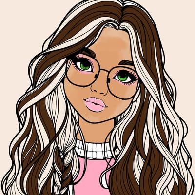 girl with long hair and freckles and glasses realistic