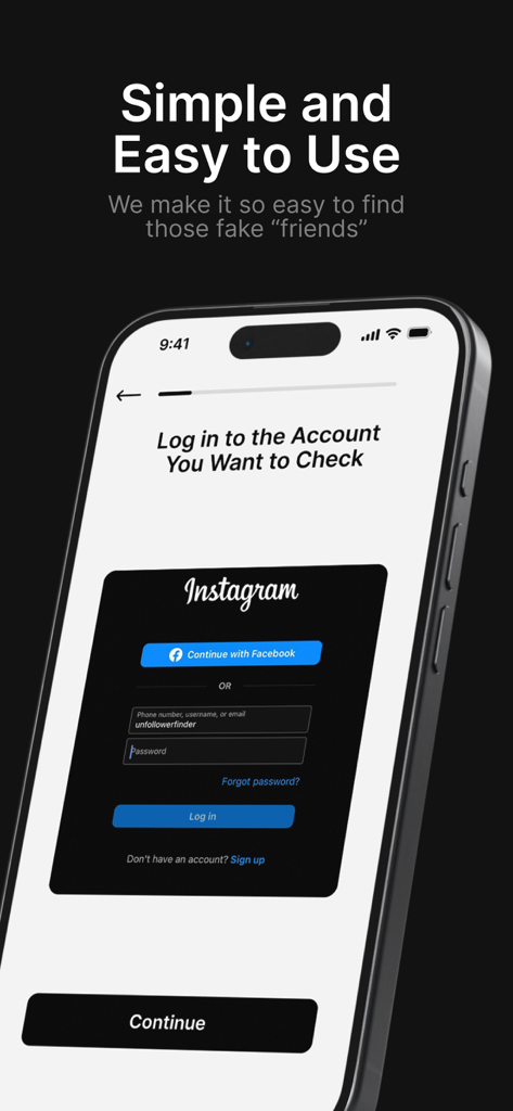 Unfollower Finder - Tracker - Instagram login screen inside the Unfollower Finder app