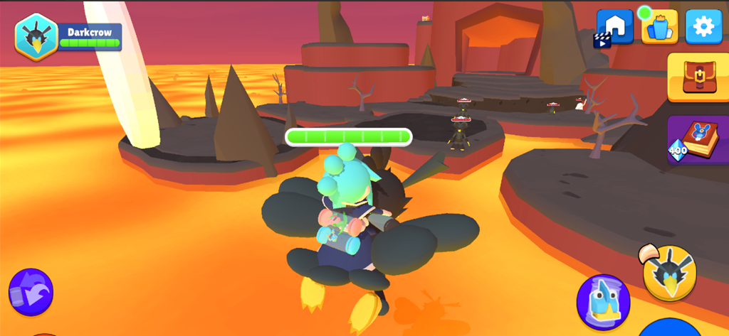 A character riding a black bird creature called Darkcrow over a lava landscape in Toonsters Crossing Worlds