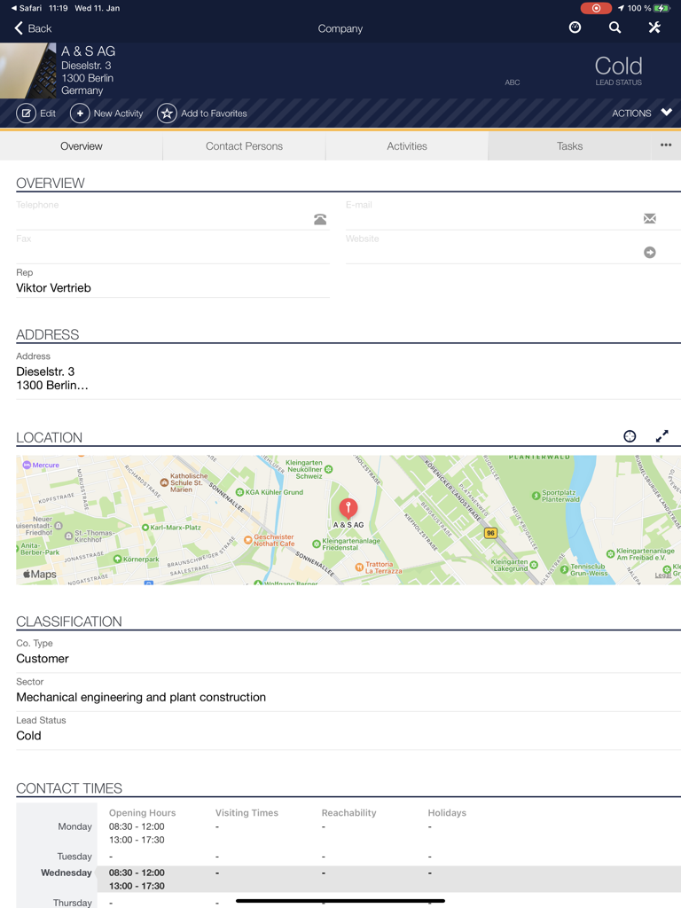 CRMpad Legacy - CRMpad Legacy iPad interface displaying a detailed company profile with contact information, location map, and lead status for field sales professionals.