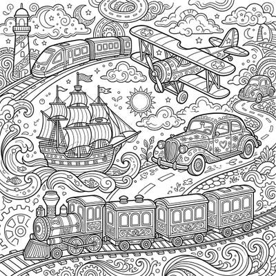 Embark on an artistic journey with this captivating coloring page featuring an array of beautifully detailed decorative vehicle models. From classic cars to majestic ships and powerful trains, there's a unique adventure awaiting your creative touch.