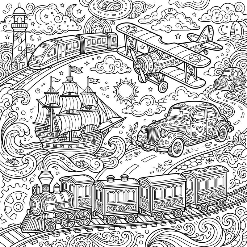 Embark on an artistic journey with this captivating coloring page featuring an array of beautifully detailed decorative vehicle models. From classic cars to majestic ships and powerful trains, there's a unique adventure awaiting your creative touch.