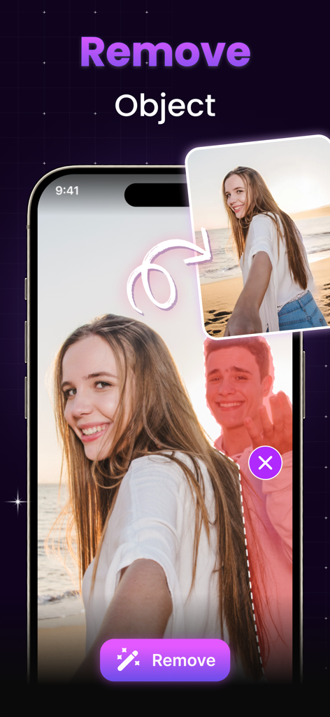 AI Photo Enhancer - AI Enhance - AI 사진 향상기 앱 인터페이스가 개체 제거 기능을 사용하여 사진에서 사람을 지우는 것을 보여주는 모습