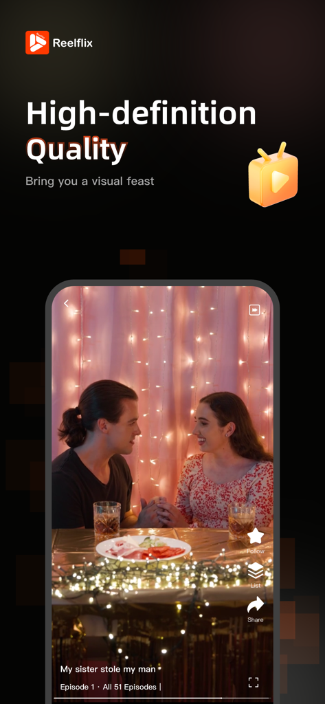 Interface do aplicativo Reelflix mostrando uma cena curta de drama romântico em alta definição com um casal