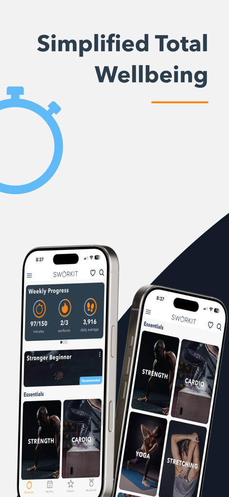 Sworkit app interface showing weekly fitness progress and various workout categories like strength and yoga.