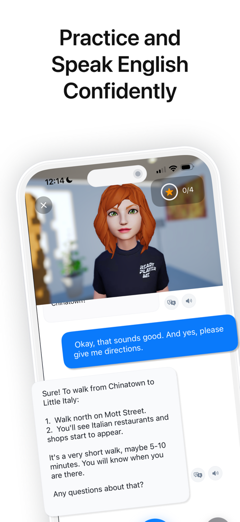 Fluent AI: Learn English - A mobile app interface displaying a conversation with an AI character to practice speaking English fluently