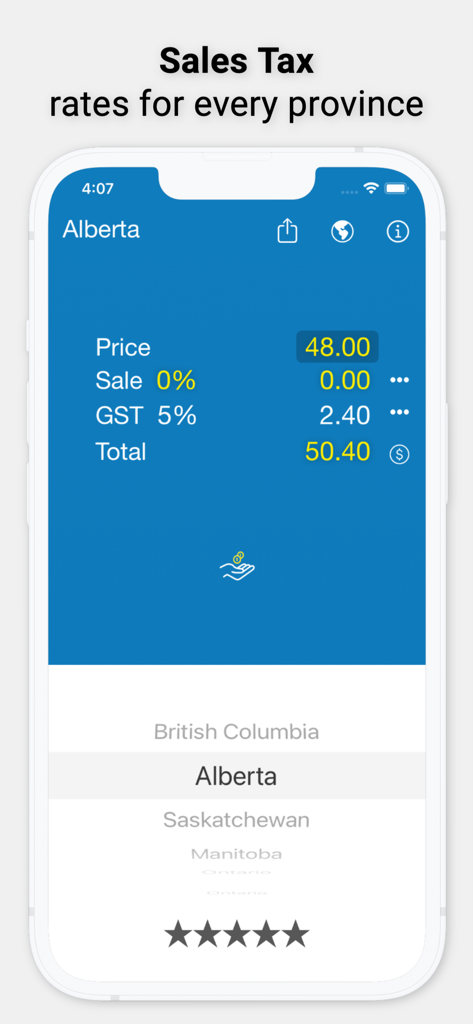 Sales tax calculation for Alberta province showing five percent GST and total price.