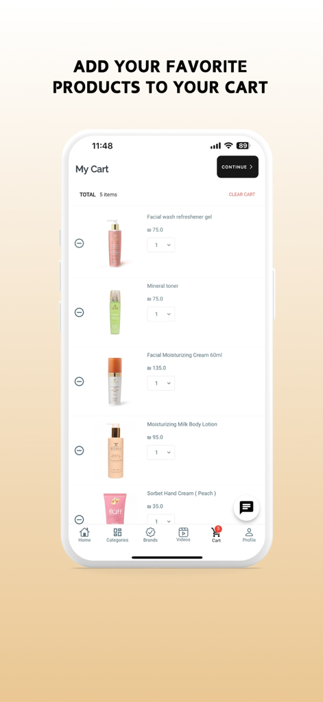 AUVA - AUVA app shopping cart screen displaying premium skincare products