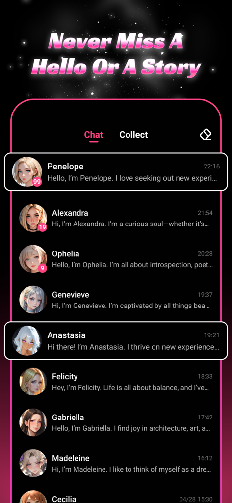 Imagia-Chat Me&Art - A menu showing multiple AI female characters with anime style portraits in the Imagia Chat app