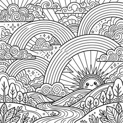 Witness the breathtaking beauty of nature with this intricate coloring page featuring multiple majestic rainbows. Capture the warm hues of a sunrise or sunset over a peaceful landscape as you bring this scene to life.