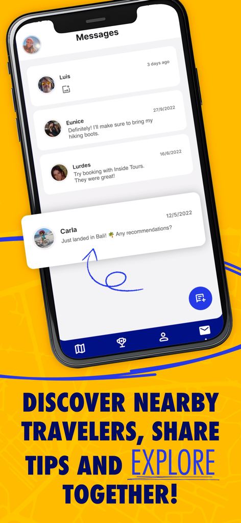 MTP: Most Traveled People - Pantalla de la aplicación móvil MTP que muestra a viajeros intercambiando mensajes y compartiendo consejos de viaje