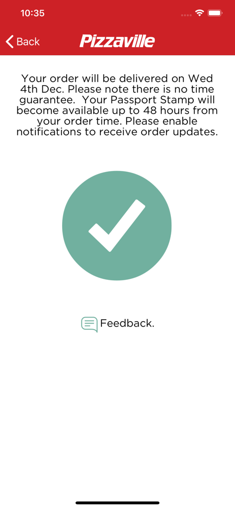 Pizzaville - Tela de confirmação de pedido do aplicativo Pizzaville mostrando uma marca de seleção verde e detalhes de entrega