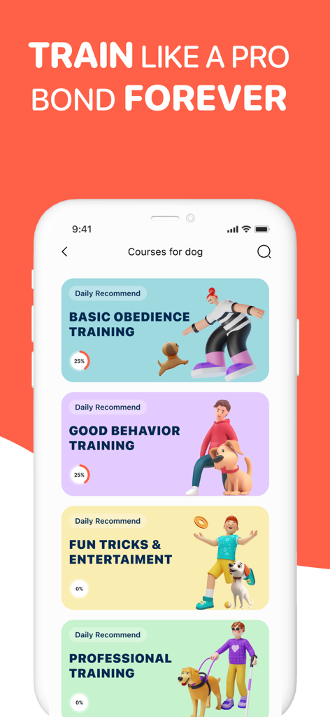 Dog Translator - Dog Talk - Dog Translator App-Bildschirm, der verschiedene Hundetrainingskurse für grundlegende Gehorsamkeit und gutes Verhalten zeigt