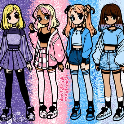 one girl with crop-top shirt and a jacket with a skirt, long socks and another girl with a shirt and pants with a jacket