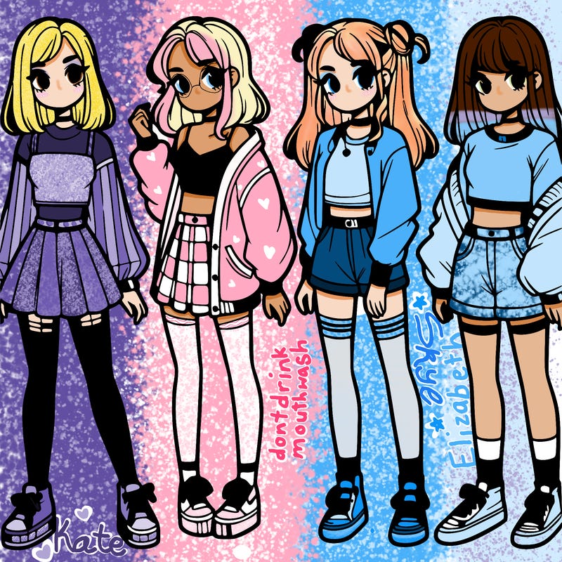 one girl with crop-top shirt and a jacket with a skirt, long socks and another girl with a shirt and pants with a jacket