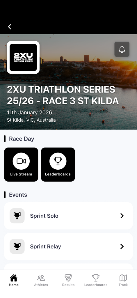 SportSplits - SportSplits app dashboard for a triathlon race event in St Kilda showing live stream and leaderboard options