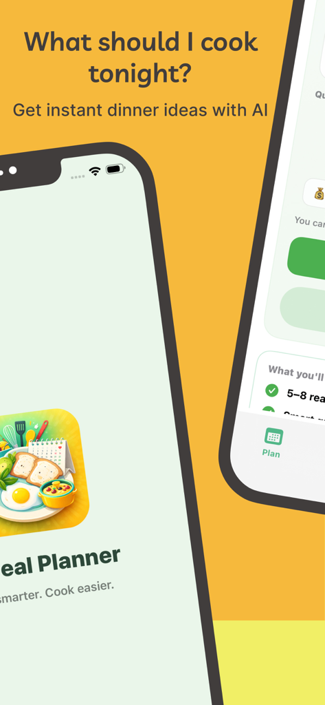 AI Meal Planner – Easy Dinner - Pantalla de la aplicación AI Meal Planner que muestra un smartphone con la indicación ¿Qué debo cocinar esta noche? e ideas de cena instantáneas con IA.