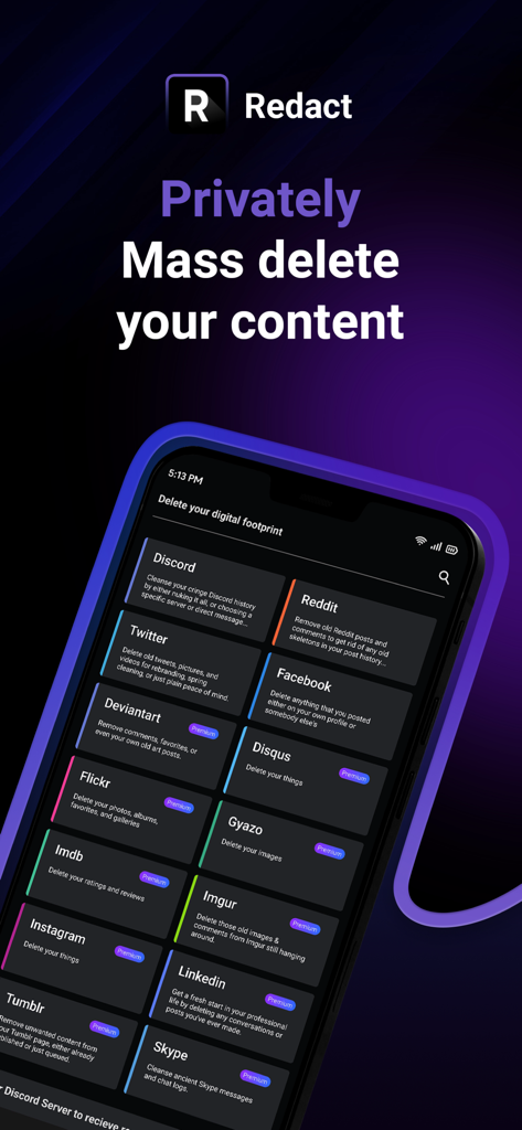 Redact app interface displaying a list of social media platforms for mass deletion of digital footprints