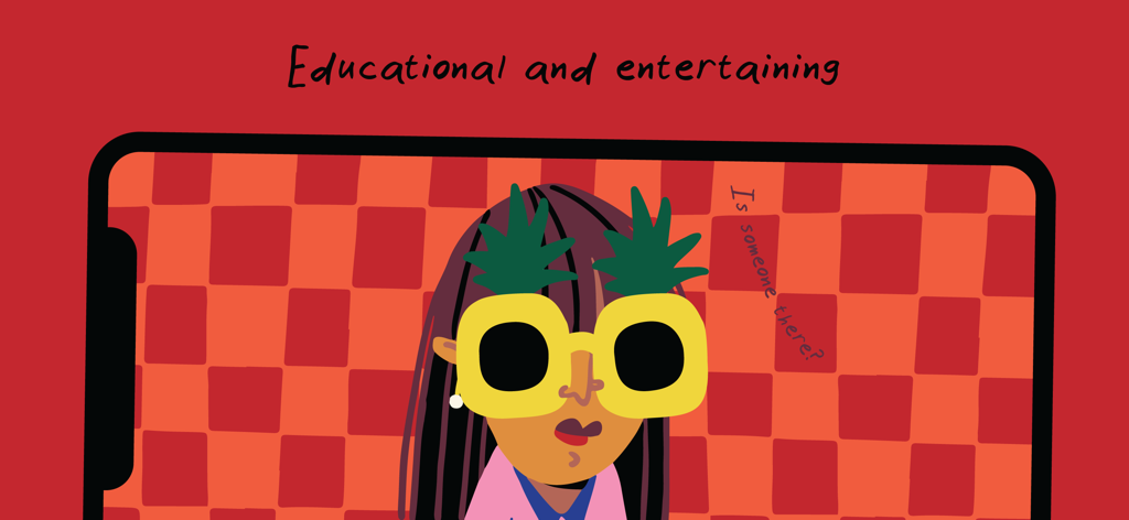 Peekaboo Barn - Baby Books - A character with pineapple glasses on a red checkered background within the Peekaboo Barn app interface.