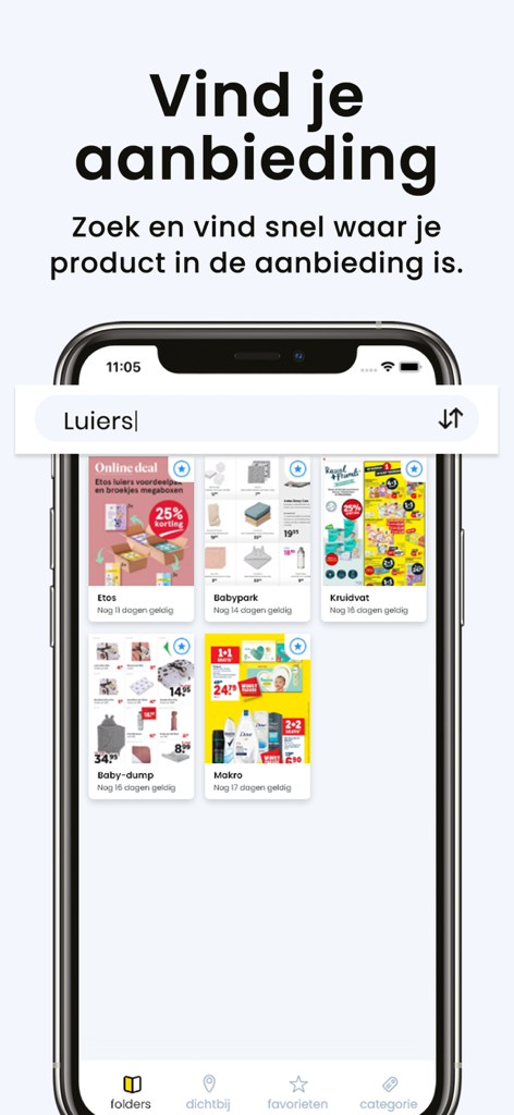 Folders.nl app interface showing search results for diaper discounts from multiple Dutch retailers