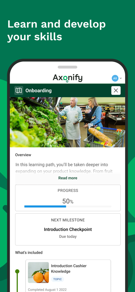 Axonify app screen displaying an onboarding learning path and 50 percent completion progress for retail employees
