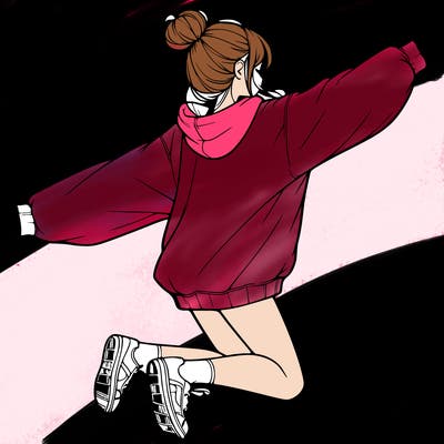 realistic girl jumping with a bun and oversized sweatshirt