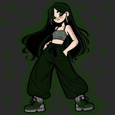 girl in baggy pants crop top and long hair