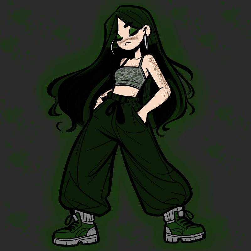 girl in baggy pants crop top and long hair