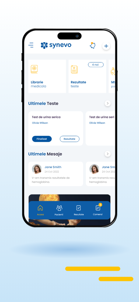 MySynevo - Interface of the MySynevo medical app showing a dashboard with lab test results and patient messages