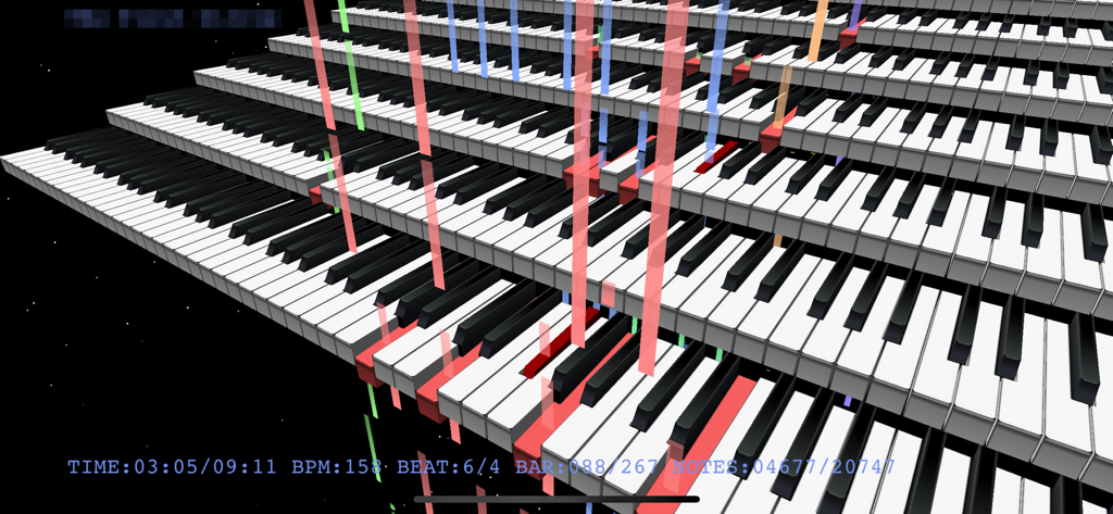 MIDITrail - 3D visualization of MIDI notes as colorful vertical bars on stacked piano keyboards