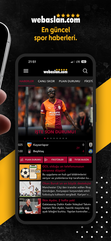 Webaslan - GS 1905 Haber - Interface do aplicativo móvel Webaslan exibindo notícias de futebol do Galatasaray, placares ao vivo e classificações da liga.