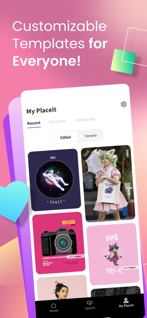 Placeit Mockups & Design - Placeit app dashboard displaying a variety of customizable design templates and product mockups