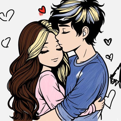 a realistic couple boy and girl hugging and kissing